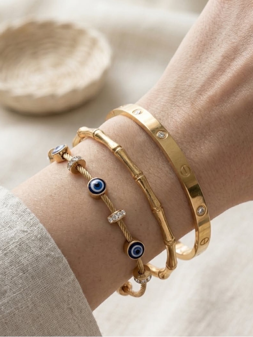 Gold Evil Eye Charm Bracelet with Blue Accents